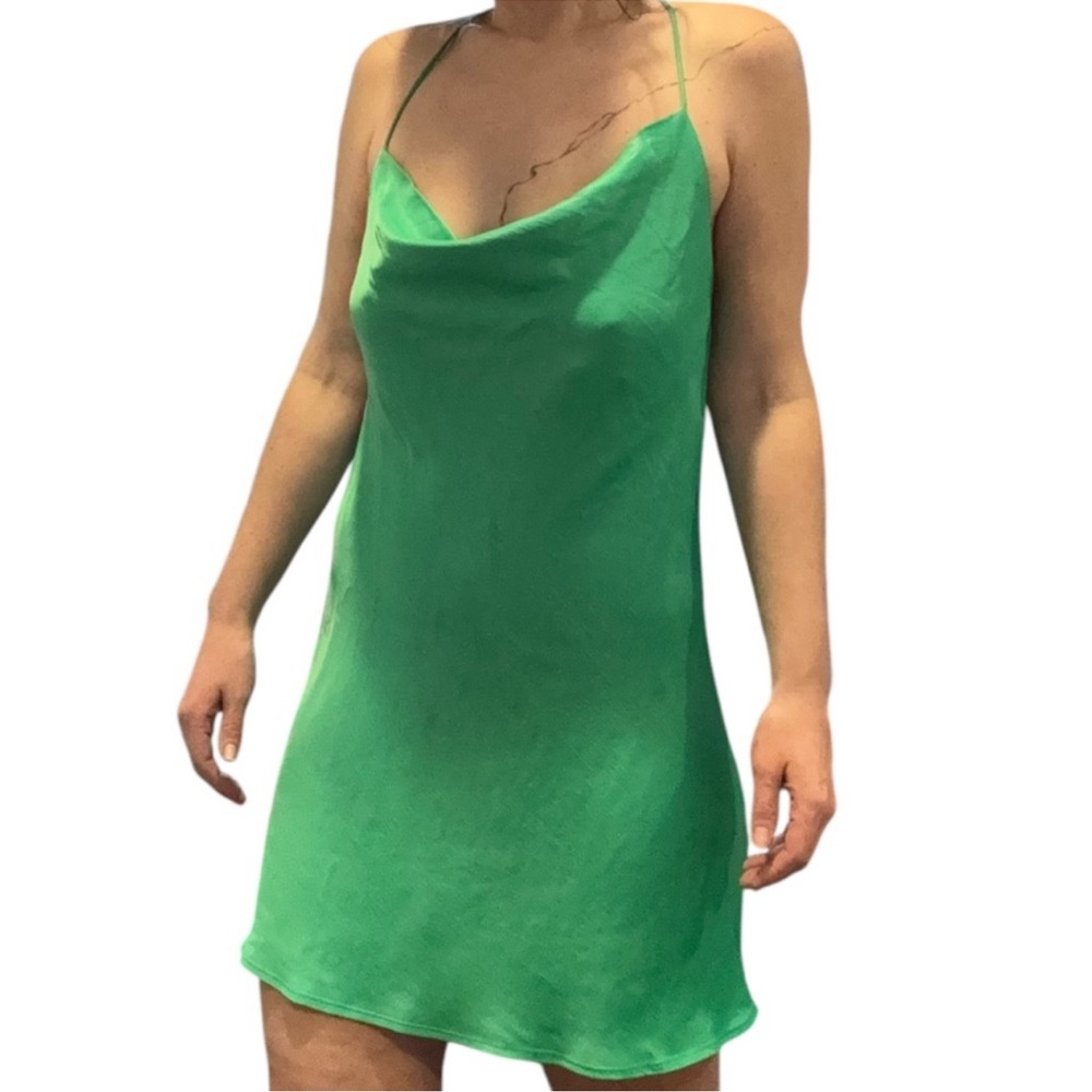 Zara Green Slip Mini Dress With Cross Back - Picture 3 of 12